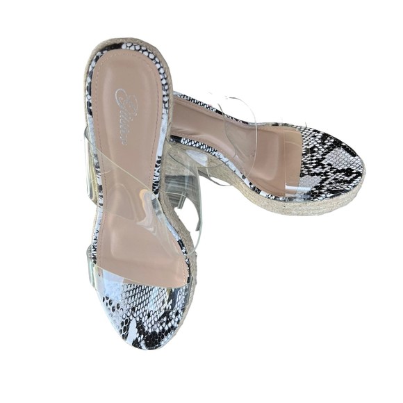 Glister Blackwhite Snake Skin Clear Wedge Sandals Women’s Size 10 - Picture 6 of 10